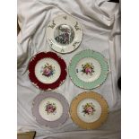 FOUR ROYAL CROWN DERBY BOTANICAL SPRAY DECORATED PLATES AND A ROYAL DOULTON CHRISTMAS PLATE