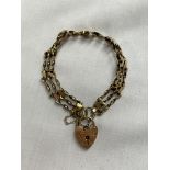 9CT GOLD THREE STRAND GATE BRACELET WITH HEART PADLOCK AND SAFETY CHAIN 8.