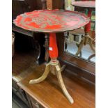 RED PAINTED CARVED TRIPOD TABLE