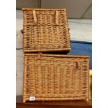 FOUR WICKER HAMPER BASKETS AND A TRAY