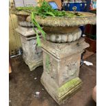 PAIR OF 19TH/20TH CENTURY TERRACOTTA SQUARE SECTION PEDESTALS WITH LOBED CAMPANA URNS A/F