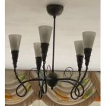 TWISTED METALWORK FIVE BRANCH GLASS TRUMPET CONE CEILING LIGHT