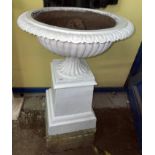 19TH CENTURY WHITE PAINTED CAST IRON CAMPANA URN ON SQUARE PEDESTAL