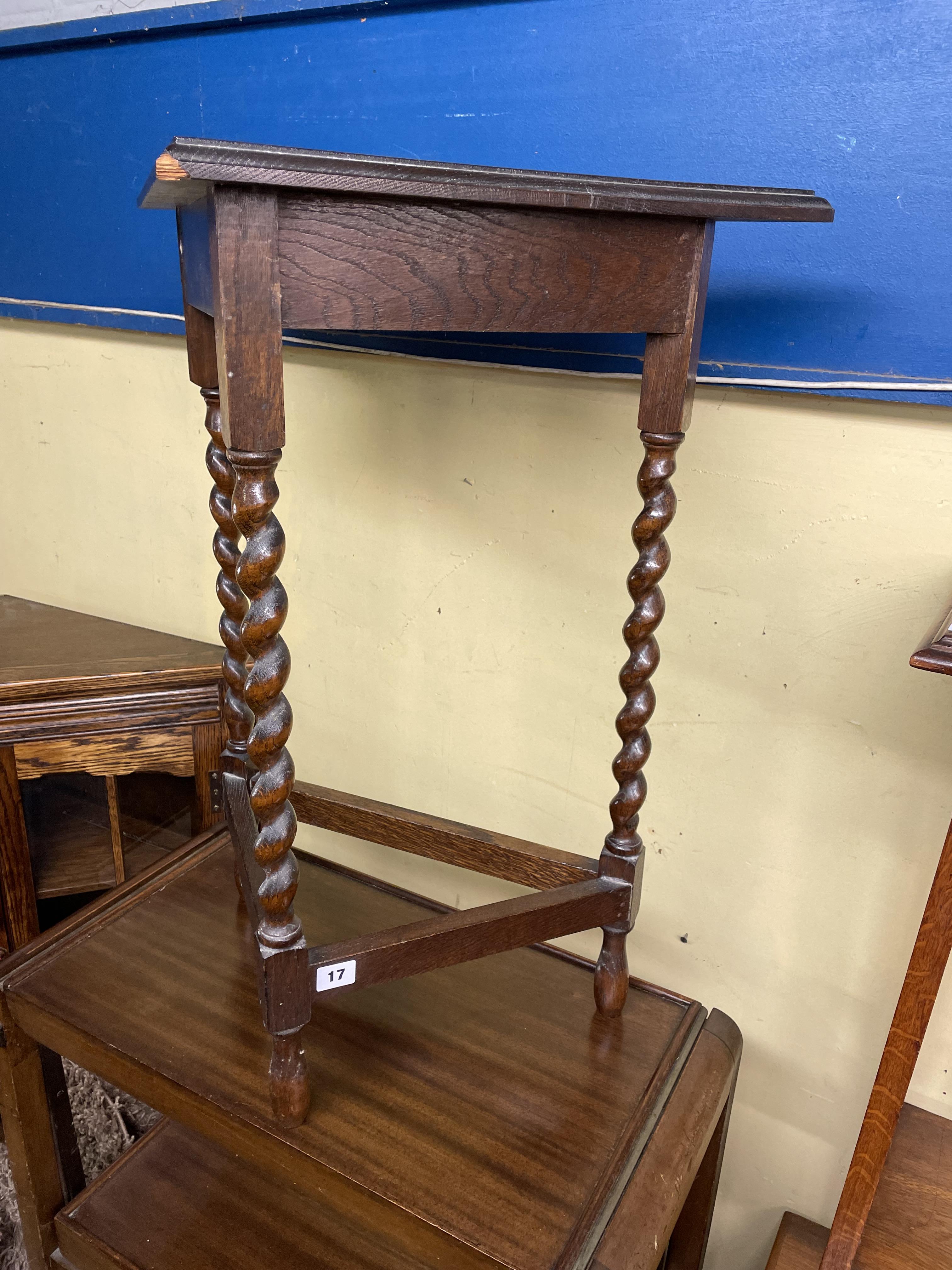 OAK BARLEY TWIST TRIANGULAR TABLE AND METAMORPHIC TROLLEY TABLE - Image 2 of 2