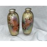 PAIR OF CONTINENTAL SLENDER PEACH AND IVORY BLUSH ROSE PATTERN VASES