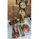 BRASS POSTAL SCALES, COPPER TRAY WITH STEEL CANDLE SNUFFERS,