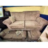 LIGHT BROWN RIBBED CHENILLE THREE PIECE SUITE AND STORAGE FOOTSTOOL