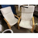 PAIR OF BEECH LAMINATED CANVAS EASY ARMCHAIRS