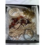 BOX OF SIMULATED PEARLS, CHOKERS, BANGLES, GLASS BEADS,