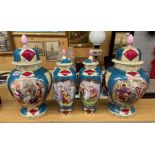 VIENNA PORCELAIN VASE GARNITURE WITH COVERS A/F AND A FLARED TOP OVOID VASE DRILLED FOR ELECTRICITY