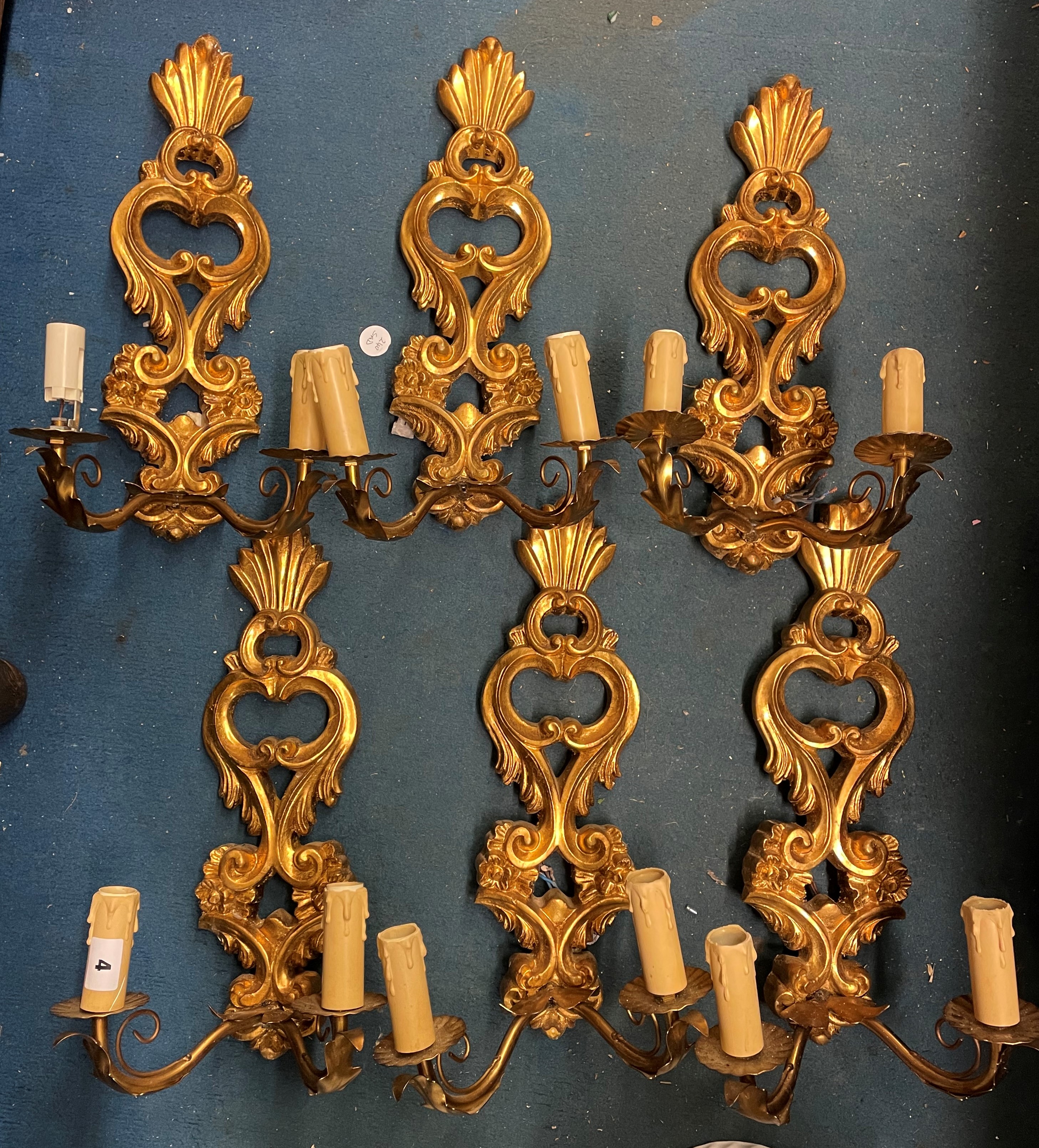 SET OF SIX GILDED ACANTHUS SCROLL TWO BRANCH WALL APPLIQUES