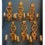 SET OF SIX GILDED ACANTHUS SCROLL TWO BRANCH WALL APPLIQUES