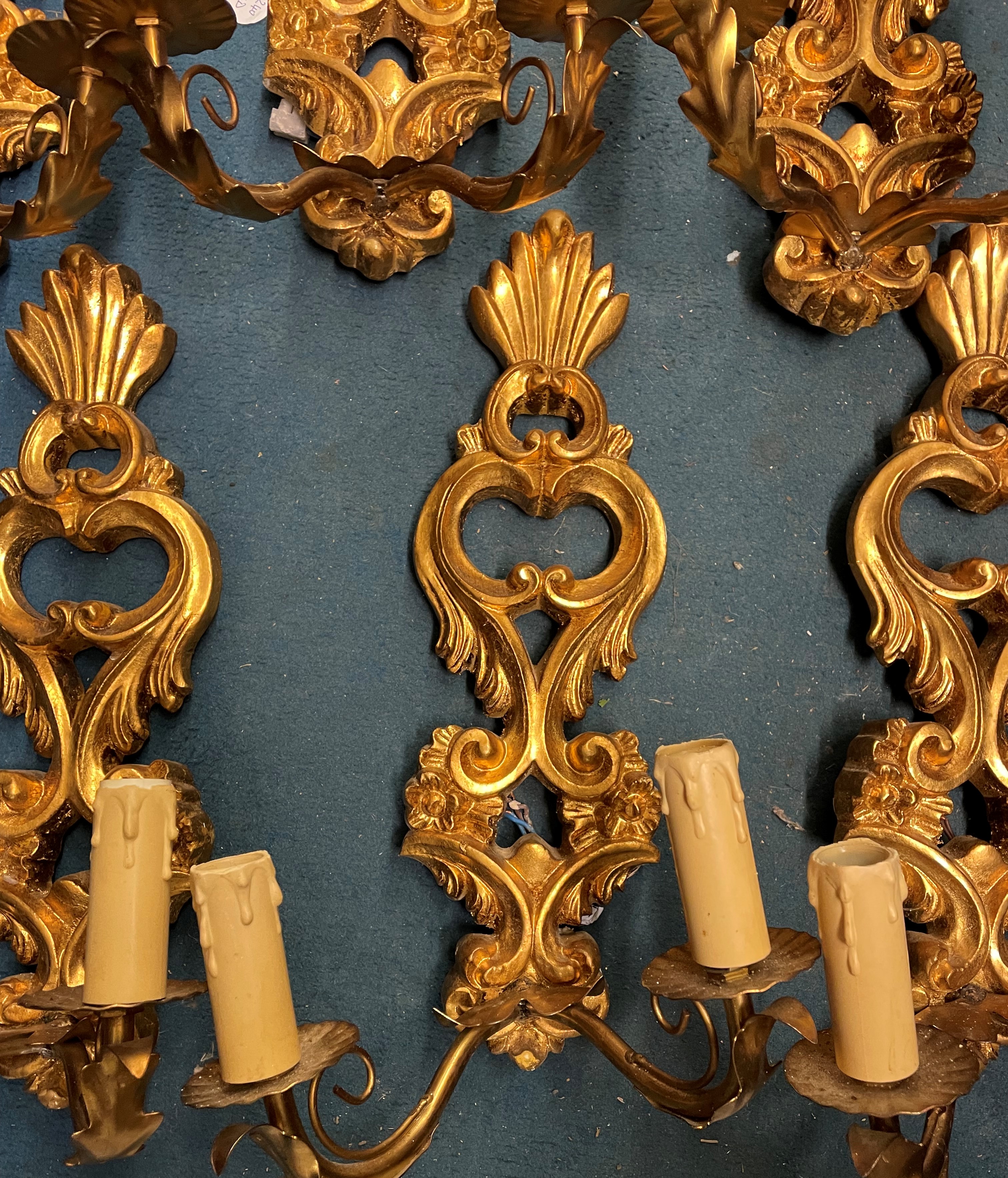 SET OF SIX GILDED ACANTHUS SCROLL TWO BRANCH WALL APPLIQUES - Image 2 of 2