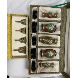 CASED SET OF CLOISSONNE ENAMEL MINIATURE CHINESE VASES ON STANDS AND A SET OF BELLS