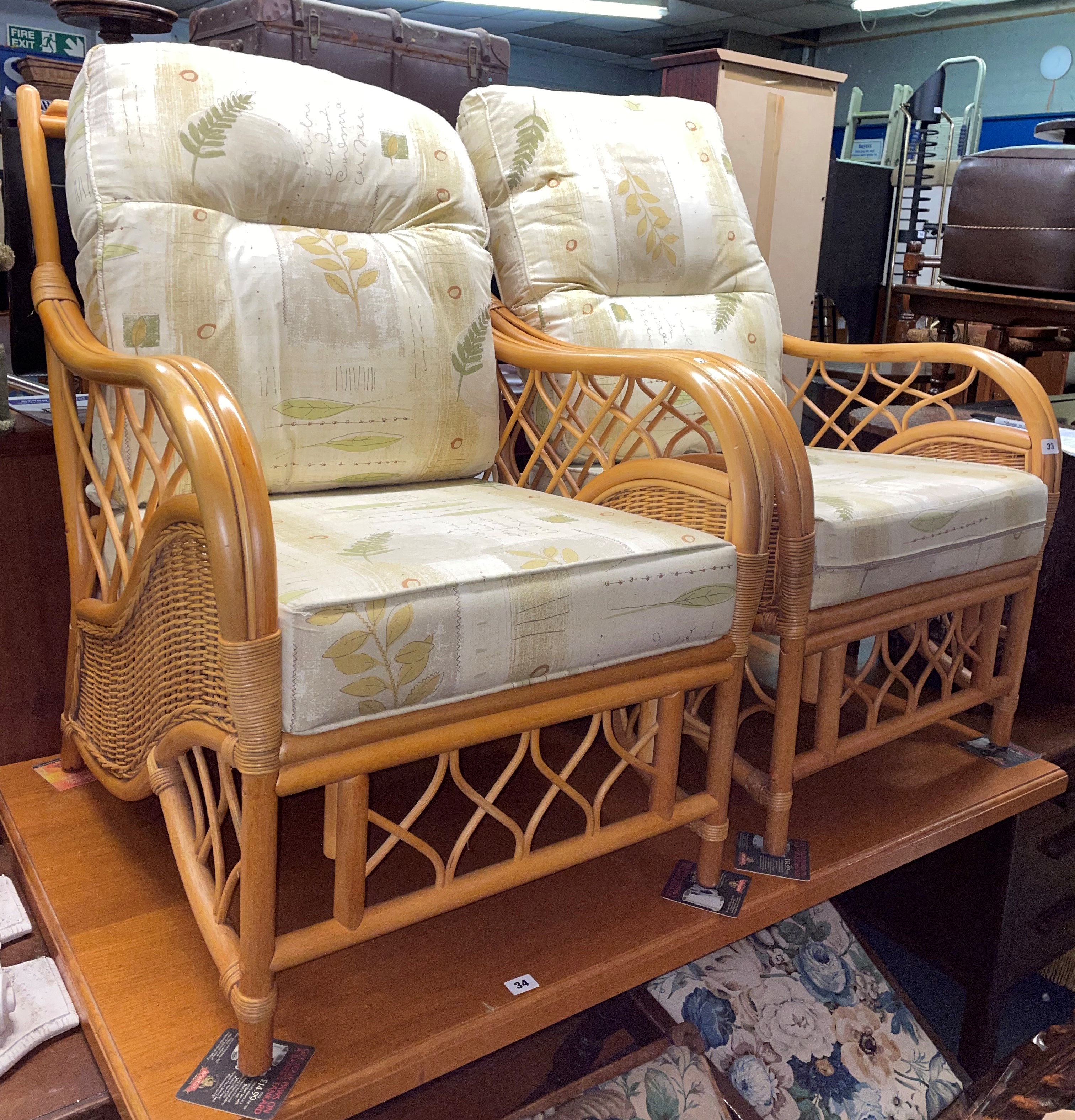 PAIR OF BAMBOO AND RATTAN CONSERVATORY ARMCHAIRS