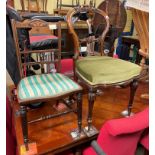 EDWARDIAN MARQUETRY INLAID LOW CHAIR AND A VICTORIAN WALNUT KIDNEY BACKED UPHOLSTERED DINING CHAIR