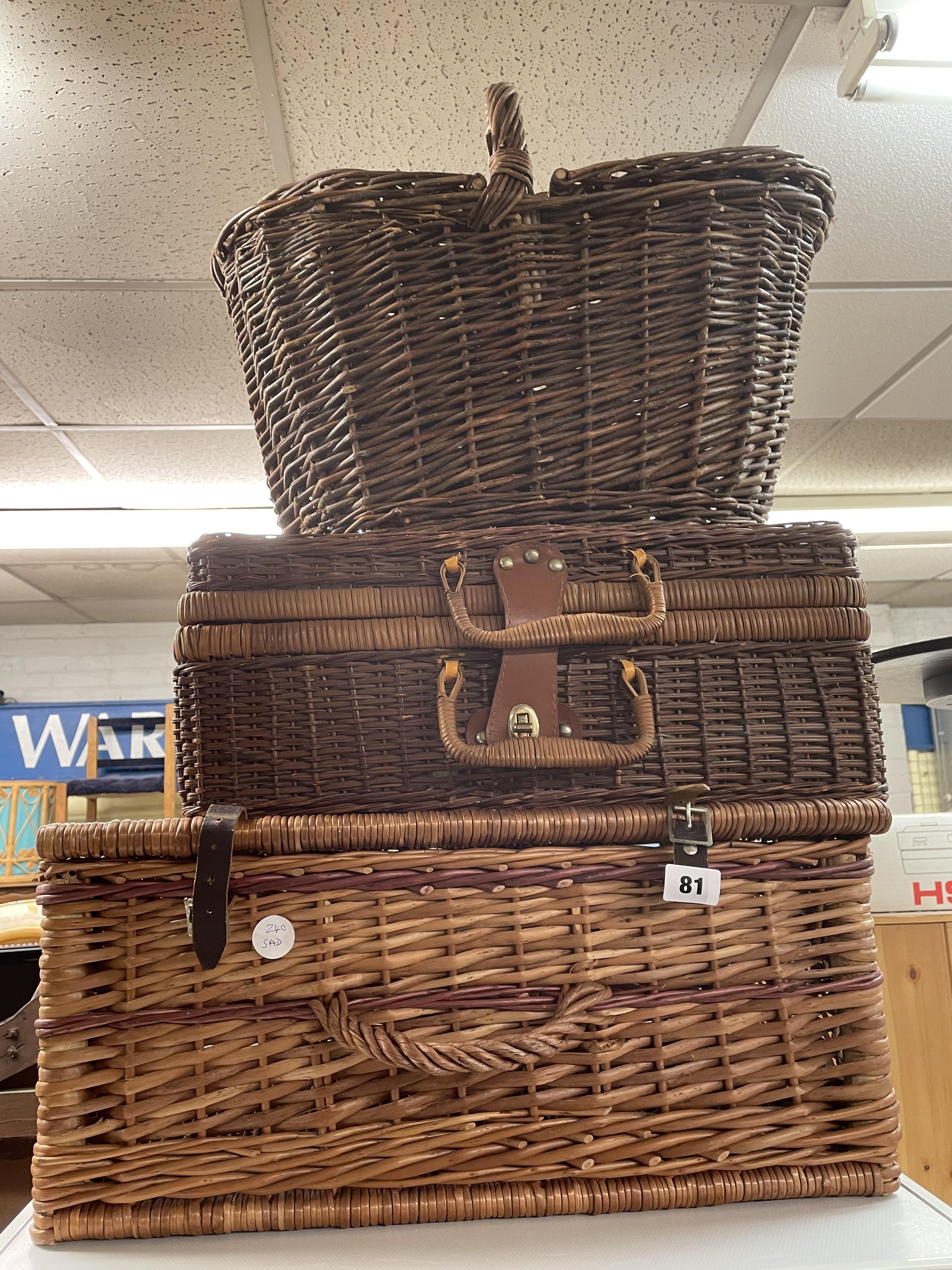 TWO WICKER PICNIC BASKETS AND A WICKER HAMPER BASKET