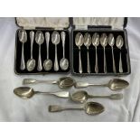 CASE OF SIX SILVER TEASPOONS AND ANOTHER MATCHED SET OF SIX SILVER TEASPOONS AND FIVE OTHER SILVER