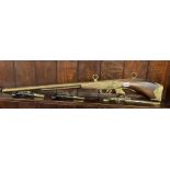 DECORATIVE BRASS MOUNTED EUROPEAN RIFLE AND DECORATIVE PISTOLS