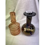 MTARFA STUDIO GLASS BOTTLE VASE AND A MID 20TH CENTURY PEACH TINTED SCENT BOTTLE AND STOPPER