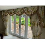 PAIR OF DESIGNERS GUILD INTERLINED PATTERNED FABRIC CURTAINS WITH TIE BACKS AND PELMET TO FIT 7FT