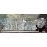 COMPLETE SHELF OF CUT GLASSWARES INCLUDING BISCUIT BARREL, ROSEBOWL, FRUIT BOWLS,