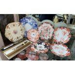 SELECTION OF ROYAL CROWN DERBY BONE CHINA PLATES AND SAUCER AND ROYAL CROWN DERBY HANDLED CAKE