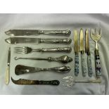 SILVER AND MOTHER OF PEARL AND ENGRAVED PICKLE FORK,