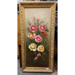 OIL ON CANVAS STILL LIFE OF ROSES IN GILDED ORNATE FRAME