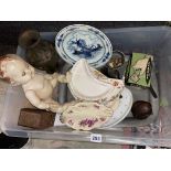 BOX CONTAINING PEWTER TRAY, PLAYING CARD BOX, DOLL, THIMBLES, DELFT PLATE,