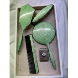 1930S GREEN GUILLOCHE ENAMEL BACKED DRESSING TABLE SET AND CHROME VESTA CASE