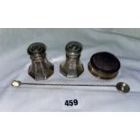 PAIR OF STERLING FLARED OCTAGONAL CONDIMENTS AND A SILVER PIN CUSHION BOX