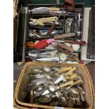 WICKER BASKET OF ASSORTED PLATED FLATWARE AND A TRAY OF GENERAL CUTLERIES