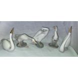 PAIR OF SWANS AND THREE LLADRO GEESE