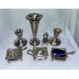 SILVER THREE PIECE CONDIMENT SET, PAIR OF DWARF CANDLE HOLDERS,