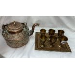 INDIAN ENAMEL EGG CUP CRUETS/SMALL GOBLETS AND TRAY AND A BEATEN COPPER KETTLE