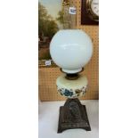 VICTORIAN OIL LAMP WITH PAINTED OPAQUE RESERVOIR 58CM HEIGHT APPROX
