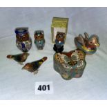 CLOISSONNE ENAMEL BUTTERFLY BOX AND DUCK AND OWL FIGURES