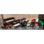 SHELF OF DIECAST MODEL CORGI DOUBLE DECKER BUSES,