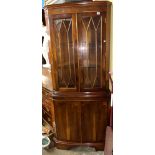 REPRODUCTION YEW ASTRAGAL GLAZED BOW FRONT CORNER CABINET