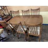 ERCOL ELM REFECTORY TABLE AND SIX UPHOLSTERED SLAT BACK CHAIRS