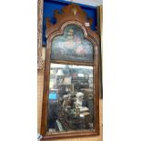 GEORGE II STYLE WALNUT ARCHED MIRROR WITH PAINTED PANEL