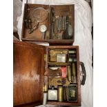 TWO BOXES CONTAINING SPENT SHELL CARTRIDGES, BSA BARREL PRESERVER, PISTOL GRIP, GAUGES,