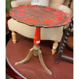 RED PAINTED CARVED TRIPOD TABLE