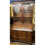 GEORGE III MAHOGANY BUREAU BOOKCASE WITH DENTIL MOULDED CORNICE ABOVE A PAIR OF ASTRAGAL GLAZED