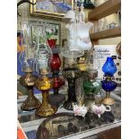 SELECTION OF SMALL GLASS OIL LAMPS WITH FUNNELS AND SHADES
