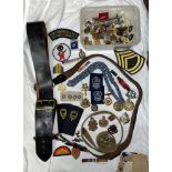 TUB OF TUNIC BUTTONS, MILITARY CAP AND LAPEL BADGES,