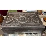 CARVED WOODEN LEATHER COVERED NEEDLEWORK BOX