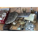 CARTON OF VARIOUS METAL WARES - EASTERN BRASSWARE, TWO BELLS, GOLD PLATED CUTLERY,