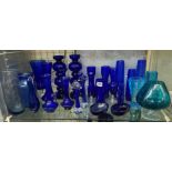 SHELF OF BRISTOL BLUE GLASS VASES,